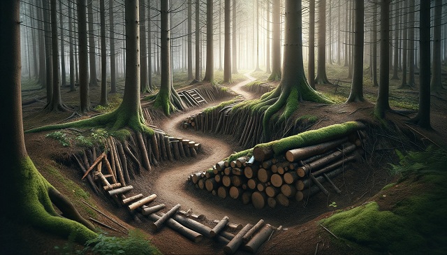 Baner do strony Premium Olsztyn. Zdjęcie przedstawiające alternatywną ścieżkę przez las, wytyczoną przez mieszkańców, aby zwiększyć swoje bezpieczeństwo, ilustrujące ich inicjatywę i determinację w poszukiwaniu rozwiązań.