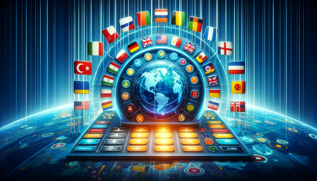 Baner do strony Zagraniczny Numer. Zdjęcie przedstawia żywy i nowoczesny ośrodek komunikacyjny z różnymi flagami międzynarodowymi, symbolizujący globalne telekomunikacje i międzynarodowe systemy połączeń telefonicznych.
