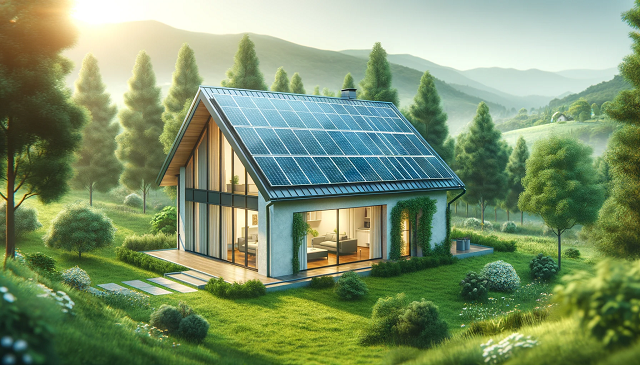 Baner do strony Dach solarny. Nowoczesny dom z panelami solarnymi na dachu, położony w spokojnym, zielonym otoczeniu. Dom reprezentuje połączenie technologii i zrównoważonego rozwoju, z wyraźnie widocznymi panelami solarnymi efektywnie wykorzystującymi energię słoneczną. Obraz przekazuje ideę ekologiczności i oszczędności energii.