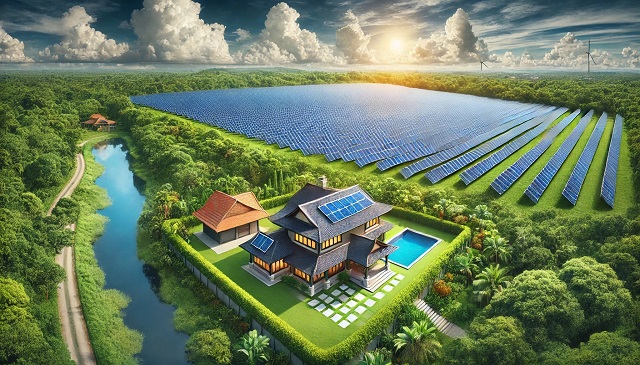 Baner do strony Fotowoltaika Warmia. Szeroki krajobraz z panelami słonecznymi na dachu domu, otoczonego zielenią i błękitnym niebem.