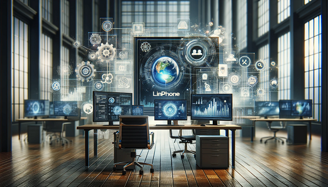 Baner do strony Linphone .pl. Ilustracja nowoczesnego środowiska biurowego z wieloma ekranami komputerowymi, na których wyświetlane jest oprogramowanie komunikacyjne, podkreślając integrację Linphone w profesjonalnym środowisku.