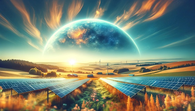 Baner do strony Panele Wołomin. Malowniczy krajobraz Wołomina z nowoczesnymi panelami słonecznymi na ziemi.
