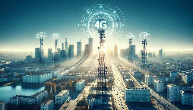 Baner do strony Internet 4G. Nowoczesna panorama miasta z wieloma wieżami komórkowymi emitującymi sygnały 4G, symbolizująca szeroką dostępność technologii 4G. Obraz przedstawia jasny, słoneczny dzień z miastem w tle, podkreślając miejskie otoczenie, w którym powszechnie używana jest technologia 4G.