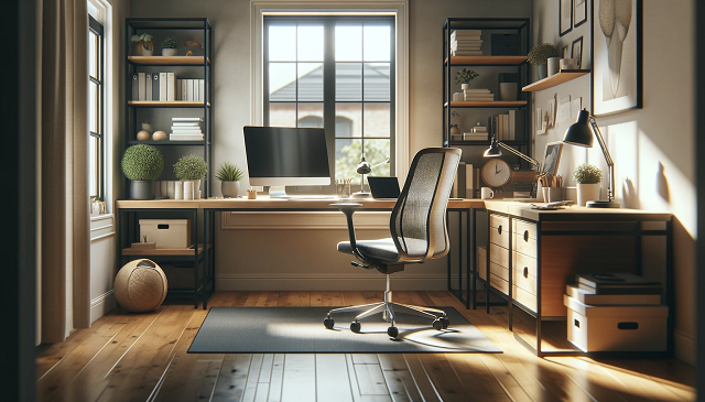Baner do strony Praca zdalna. Zdjęcie przedstawia dobrze zorganizowane domowe miejsce pracy, podkreślając znaczenie poświęconego miejsca do pracy zdalnej. Scena pokazuje biurko z komputerem, ergonomiczne krzesło i zorganizowane akcesoria do pracy w cichej i dobrze oświetlonej przestrzeni.