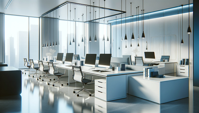 Baner do strony oto sekretarka. To zdjęcie przedstawia nowoczesne biurowe środowisko z wyrafinowanym, minimalistycznym designem. Sceneria zawiera eleganckie biurka, zaawansowane gadżety i spokojną paletę kolorów niebieskiego i białego, sugerując profesjonalne i efektywne miejsce pracy.