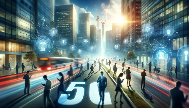 Baner do strony Internet mobilny. Grafika ilustruje zaawansowane możliwości technologii internetu mobilnego 5G. Scena przedstawia dynamiczne środowisko miejskie, w którym ludzie korzystają ze smartfonów i innych urządzeń, ukazując wysoką prędkość i łączność oferowaną przez 5G. Obraz przekazuje transformujący wpływ 5G na codzienne korzystanie z internetu mobilnego, podkreślając szybkość, niezawodność i rozległe zasięgi sieci.