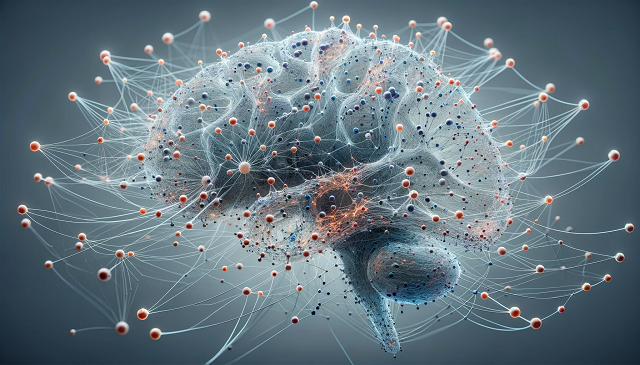Baner do strony Neuroinformatyka. Zdjęcie przedstawia model sieci neuronowej reprezentujący funkcje mózgu, z połączonymi neuronami i synapsami. Obraz wizualnie ukazuje złożoność i łączność sieci neuronowej, podkreślając skomplikowane wzory neuronów i ich połączeń.