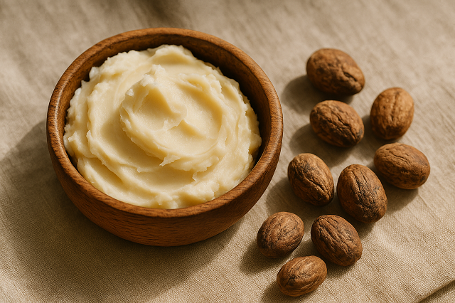 Baner do strony Naturalne kosmetyki Nilotica. Miska z kremowym masłem nilotica otoczona surowymi orzechami shea na beżowej tkaninie, oświetlona ciepłym światłem dziennym.