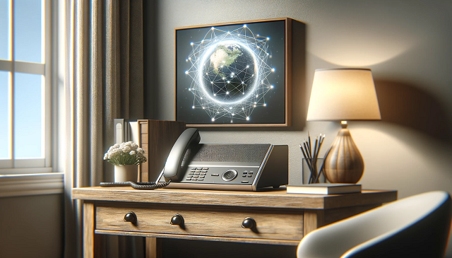 Baner do strony Linksys PAP2T. Zdjęcie przedstawia nowoczesne domowe biuro z konwencjonalnym telefonem podłączonym do bramki VoIP, ilustrując główną funkcję produktu.