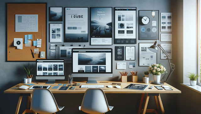 Baner do strony oto Szablony. Nowoczesne i czyste miejsce pracy projektanta stron internetowych z monitorami wyświetlającymi różne szablony stron.