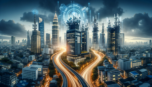 Baner do strony Premium Mobile Olsztyn. Zdjęcie przedstawia nowoczesny, miejski pejzaż z wysokimi budynkami i rozwiniętą infrastrukturą telekomunikacyjną, symbolizującą doskonały zasięg i szybkość LTE.