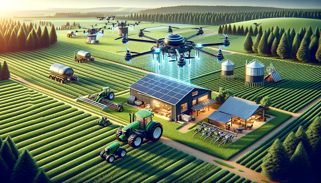 Baner do strony Dotacje dla rolnika. Obraz przedstawia nowoczesne gospodarstwo rolnicze wykorzystujące zaawansowane technologie, ilustrując wpływ dotacji na innowacje w rolnictwie. Gospodarstwo wyposażone jest w wysokiej klasy sprzęt, takie jak drony i zautomatyzowane traktory w wiejskim, zielonym krajobrazie. Te zaawansowane maszyny są efektywnie wykorzystywane na polach, co reprezentuje postęp technologiczny w rolnictwie dzięki dotacjom na innowacje.