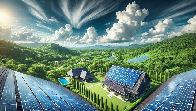 Baner do strony Fotowoltaika Ostróda. Panele słoneczne na dachu nowoczesnego domu, otoczonego zielenią i błękitnym niebem z białymi chmurami.