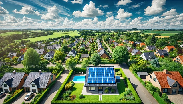 Baner do strony Fotowoltaika Słupsk. Panele słoneczne na dachu domu w zielonym osiedlu mieszkaniowym, pod błękitnym niebem.