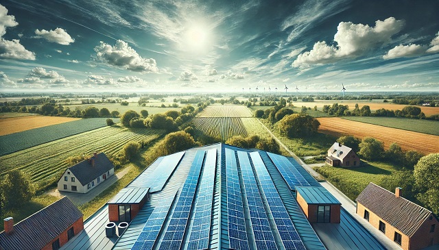 Baner do strony Fotowoltaika Kętrzyn. Panele słoneczne na dachu w wiejskim otoczeniu z polami i drzewami w tle pod błękitnym niebem.