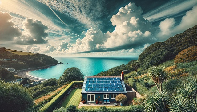 Baner do strony Fotowoltaika Pomorze. Panele słoneczne na dachu domu w nadmorskiej okolicy, z widokiem na morze w oddali, otoczone zielonymi krzewami.