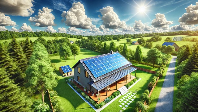 Baner do strony Fotowoltaika Mrągowo. Panele słoneczne na dachu domu otoczonego zielenią, pod błękitnym niebem z chmurami.