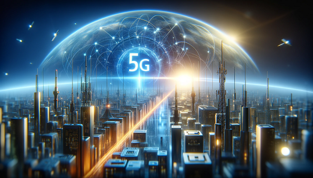Baner do strony Internet 5G. Zdjęcie przedstawia potencjał technologii 5G, skupiając się na wysokiej prędkości transferu danych i aspektach bezpieczeństwa sieci 5G. Środowisko jest futurystyczne i zaawansowane technologicznie, podkreślając zaawansowane możliwości i potencjał, jakie umożliwia technologia 5G.