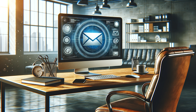 Baner do strony Firmowy e-mail. Zdjęcie przedstawia profesjonalne miejsce pracy biurowe z komputerem, na którym wyświetlany jest interfejs e-mail, symbolizując znaczenie komunikacji e-mailowej w biznesie.