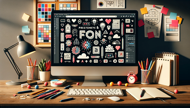 Baner do strony Font Awesome. Kreatywne miejsce pracy projektanta z ekranem komputera, na którym wyświetlany jest projekt strony internetowej, zawierający różnorodne ikony Font Awesome. Scena obejmuje narzędzia projektowe, takie jak szkicowniki, próbniki kolorów i cyfrową tabletę graficzną. Środowisko jest nowoczesne i artystyczne, podkreślając rolę Font Awesome w projektowaniu stron internetowych.