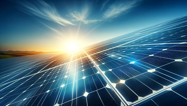 Baner do strony Panele Kętrzyn. Zbliżenie na panele słoneczne z odbiciem słońca.