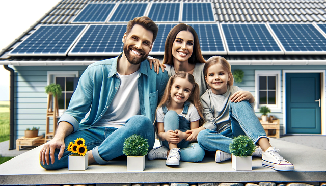 Baner do strony Mój Prąd Olsztyn. Zdjęcie przedstawiające szczęśliwą rodzinę korzystającą z korzyści płynących z dofinansowania na mikroinstalacje fotowoltaiczne, podkreślające aspekt oszczędności i ekologiczności.