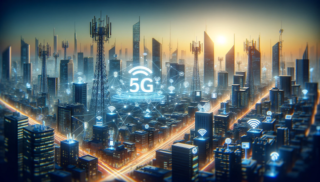 Baner do strony Telefonia 5G. Zdjęcie przedstawia tętniący życiem pejzaż miejski z wieżami sieci 5G i różnymi połączonymi urządzeniami, symbolizując rozwój technologii 5G. Scena ilustruje nowoczesne środowisko miejskie wzbogacone o zaawansowaną infrastrukturę 5G, podkreślając szybką komunikację i wzajemne połączenia.