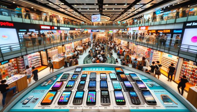 Baner do strony Konto prepaid. Zdjęcie przedstawia zajęty sklep telekomunikacyjny z różnorodnymi telefonami komórkowymi prepaid na wystawie, symbolizując szeroką gamę dostępnych opcji prepaid.