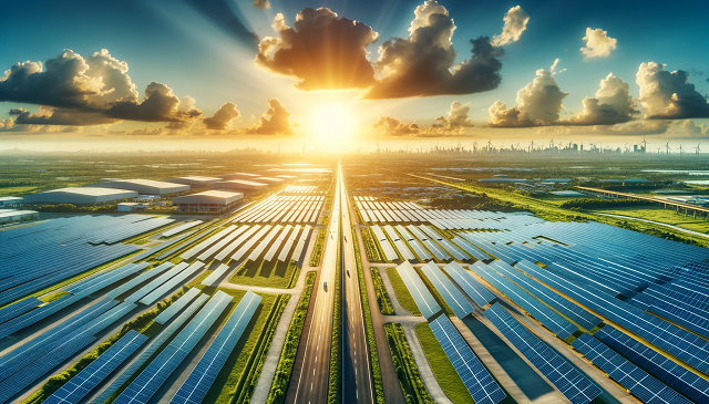 Baner do strony Fotowoltaika Łomża. Zdjęcie z lotu ptaka przedstawiające panele słoneczne w słoneczny dzień, podkreślające istotę odnawialnej energii na tle jasnoniebieskiego nieba.