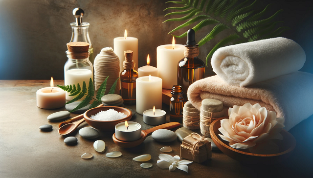 Baner do strony Dermenic .com. Zdjęcie przedstawia spokojne i relaksujące ustawienie spa z świecami, ręcznikami i naturalnymi produktami do pielęgnacji skóry, co przekazuje poczucie odprężenia i dbałości o skórę.
