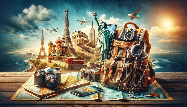 Baner do strony Cheap Roaming. A traveler's backpack open on a map, with a smartphone, headphones, and a digital camera peeking out, set against a backdrop of iconic global landmarks, emphasizing the blend of technology and travel with a focus on staying connected affordably.