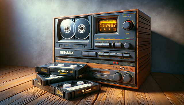 Baner do strony Betamax .PL. Zdjęcie przedstawia vintage magnetowid Betamax wraz z kasetami wideo, ilustrując początki i rozwój formatu Betamax w przemyśle wideo.