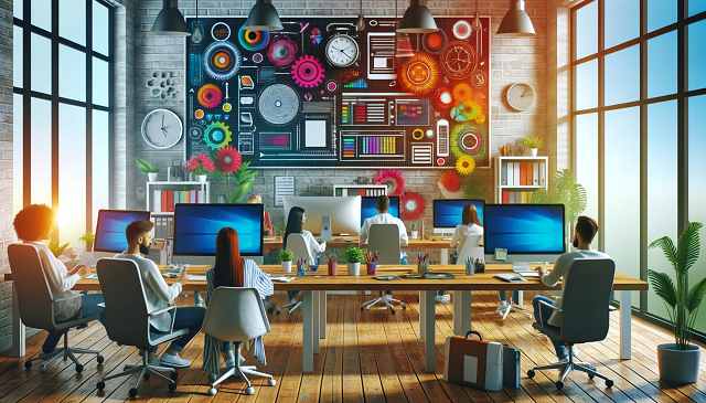 Baner do strony oto Szablon. Zdjęcie przedstawia nowoczesne biuro projektowe z kreatywnymi pracownikami przy komputerach, podkreślając kreatywność i technologię w procesie tworzenia stron internetowych.
