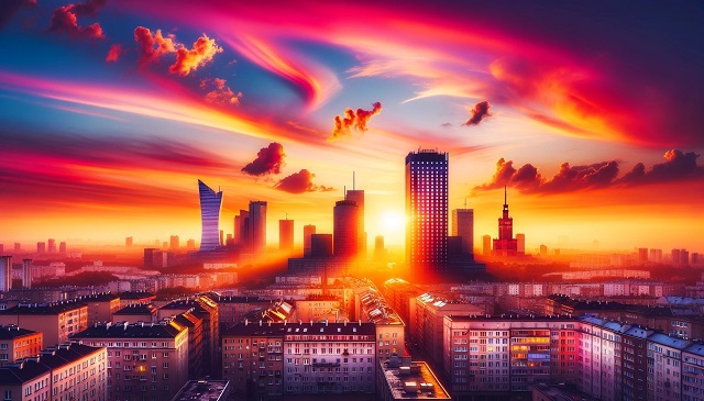 Baner do strony Panele Warszawa. Barwny zachód słońca nad Warszawą z sylwetkami budynków z panelami słonecznymi.