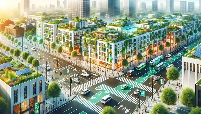 Baner do strony Czyste Powietrze Warszawa. Żywy obraz miejskiej przestrzeni z zielonymi dachami, elektrycznymi pojazdami i ulicami przyjaznymi dla pieszych. Budynki wyposażone w zielone technologie, takie jak panele słoneczne i ogrody pionowe, prezentują zrównoważone środowisko miejskie.