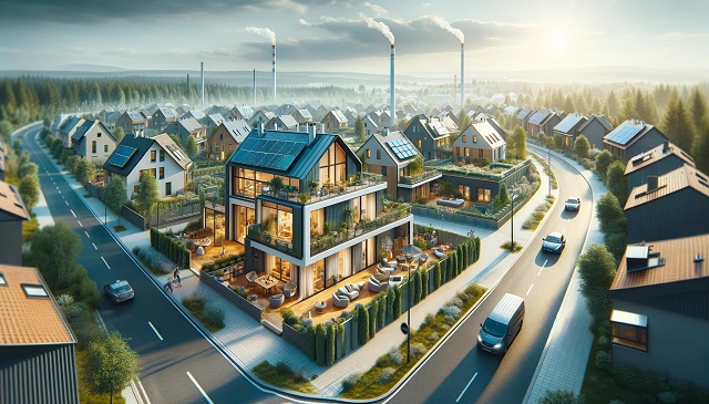 Baner do strony Czyste Powietrze Wołomin. Panoramiczny widok na nowoczesne domy w Wołominie z systemami ogrzewania ekologicznego i termomodernizacją, pokazujący przyszłość z czystszym powietrzem.