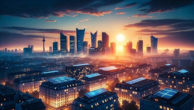 Baner do strony Mój Prąd Warszawa. Zachód słońca nad panoramą miasta, gdzie sylwetki budynków z instalacjami fotowoltaicznymi wyróżniają się na tle nieba. Obraz symbolizuje Warszawę jako miasto innowacyjne, dążące do samowystarczalności energetycznej.